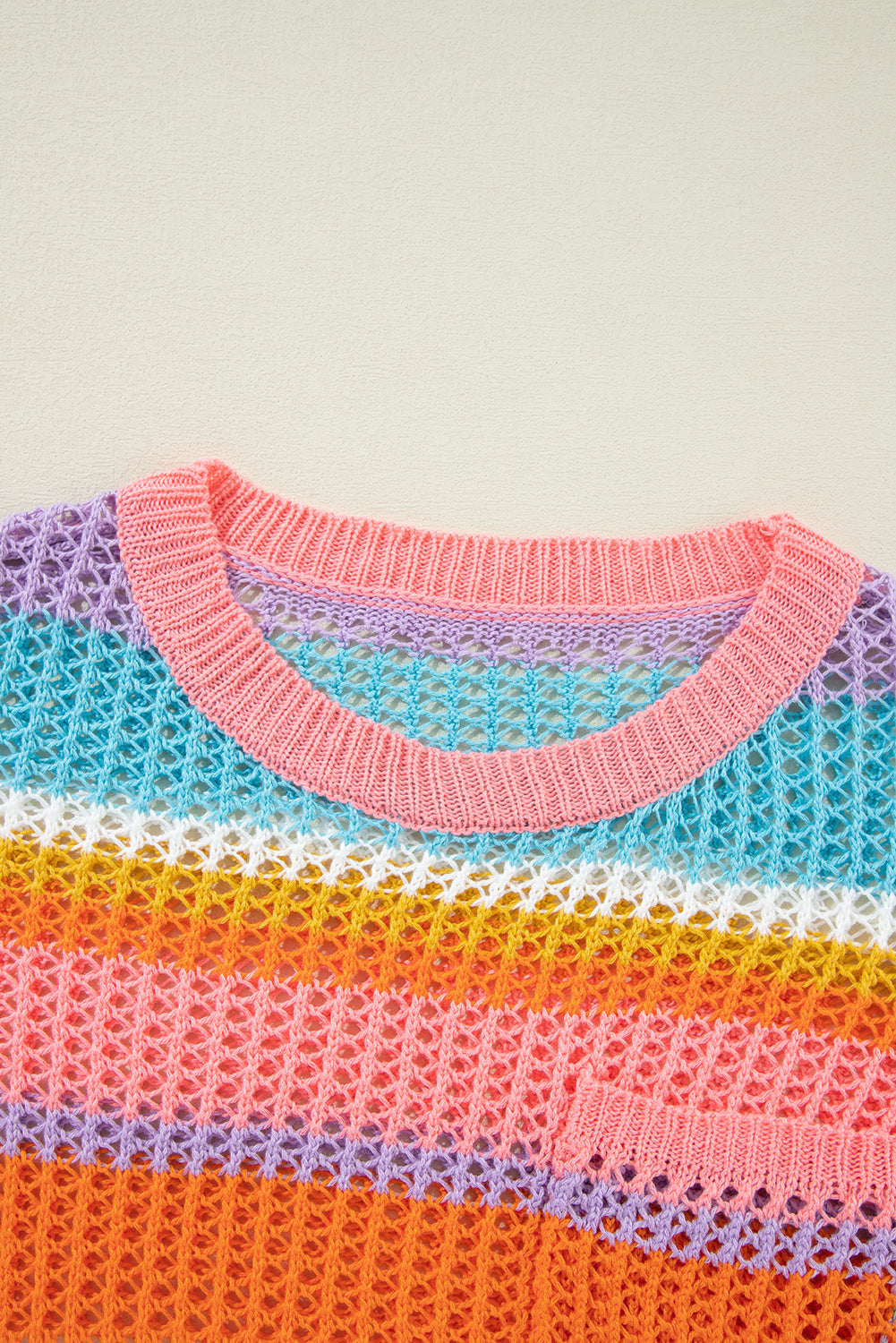 Colourblock Hollowed Crochet 3/4 Sleeve Sweater | Pink Stripe