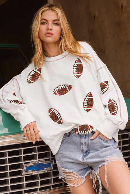 Sequin Rugby Football Pattern Exposed Seam Game Day Sweatshirt | White