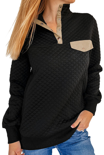 Quilted Snaps Stand Neck Sweatshirt With Fake Front Pocket | Black