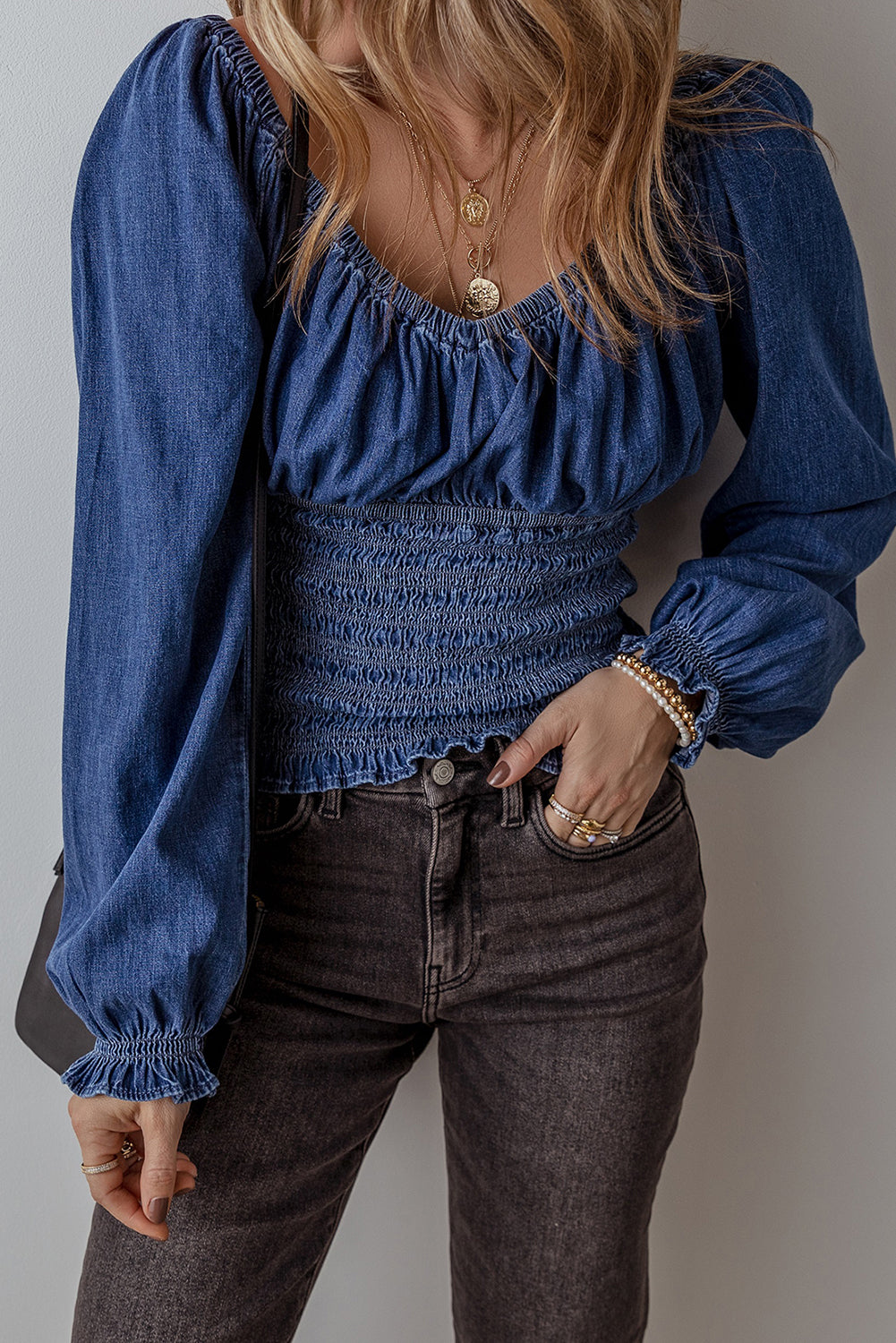 Smocked Ruffled Puff Sleeve V Neck Denim Blouse | Dark Blue