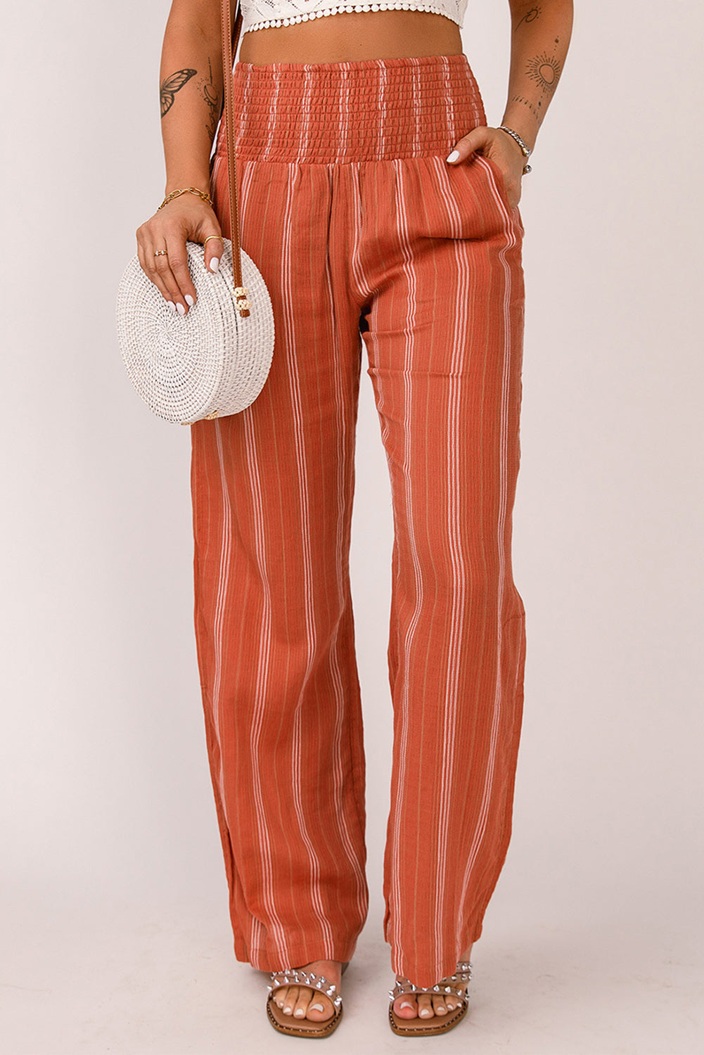 Striped Shirred High Waist Straight Leg Pants | Orange