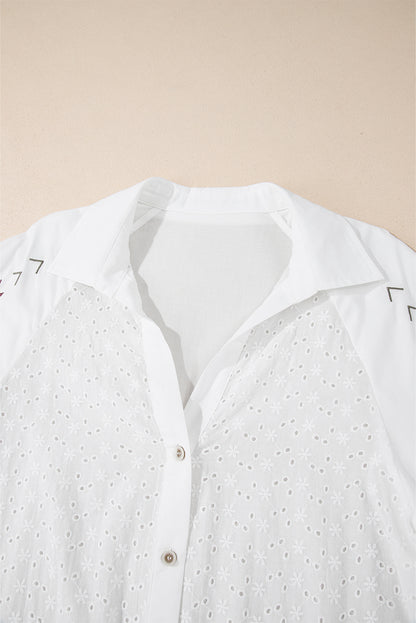 Floral Embroidered Puff Sleeve Eyelet Patchwork Shirt | White