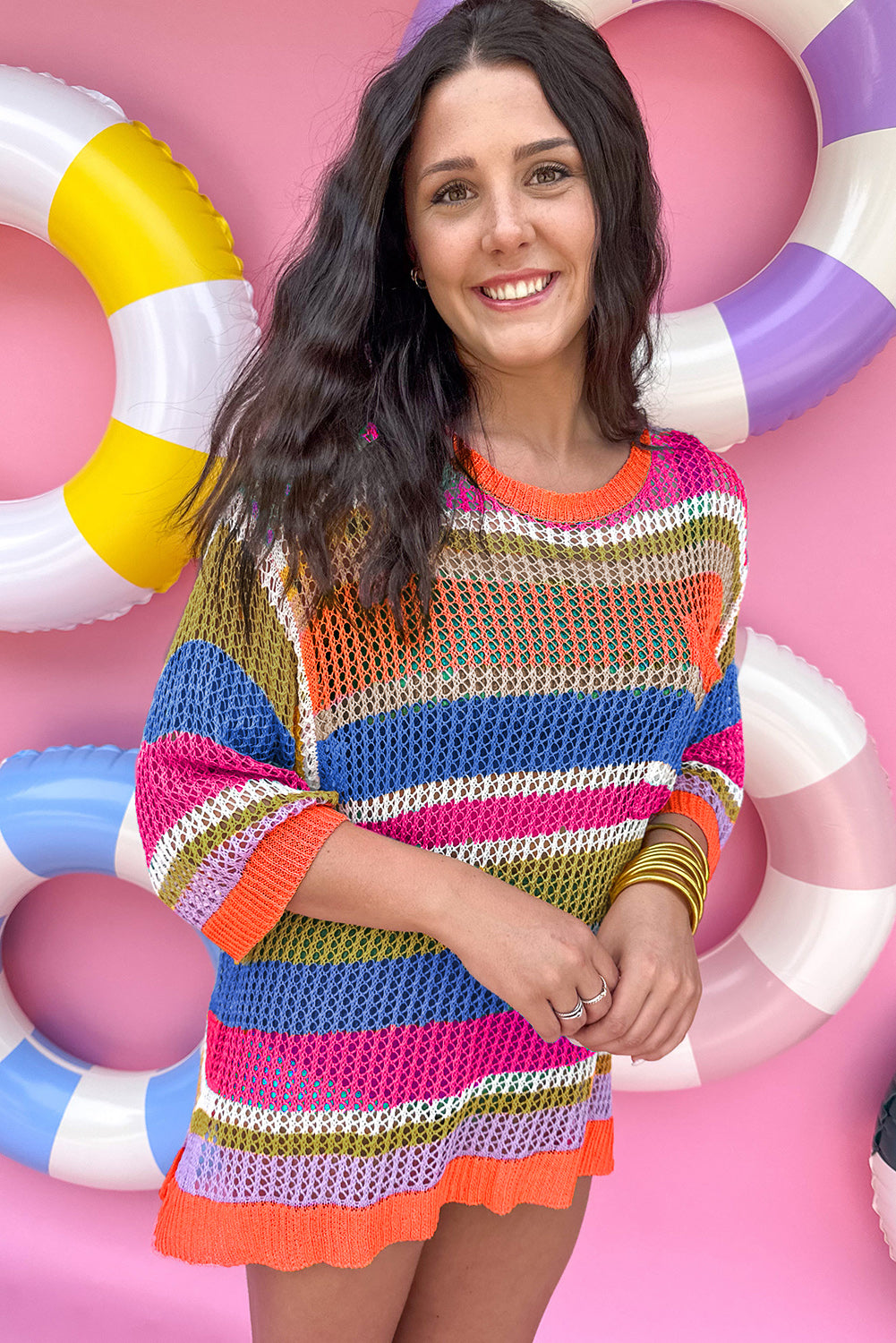 Colourblock Hollowed Crochet 3/4 Sleeve Sweater | Orange Stripe