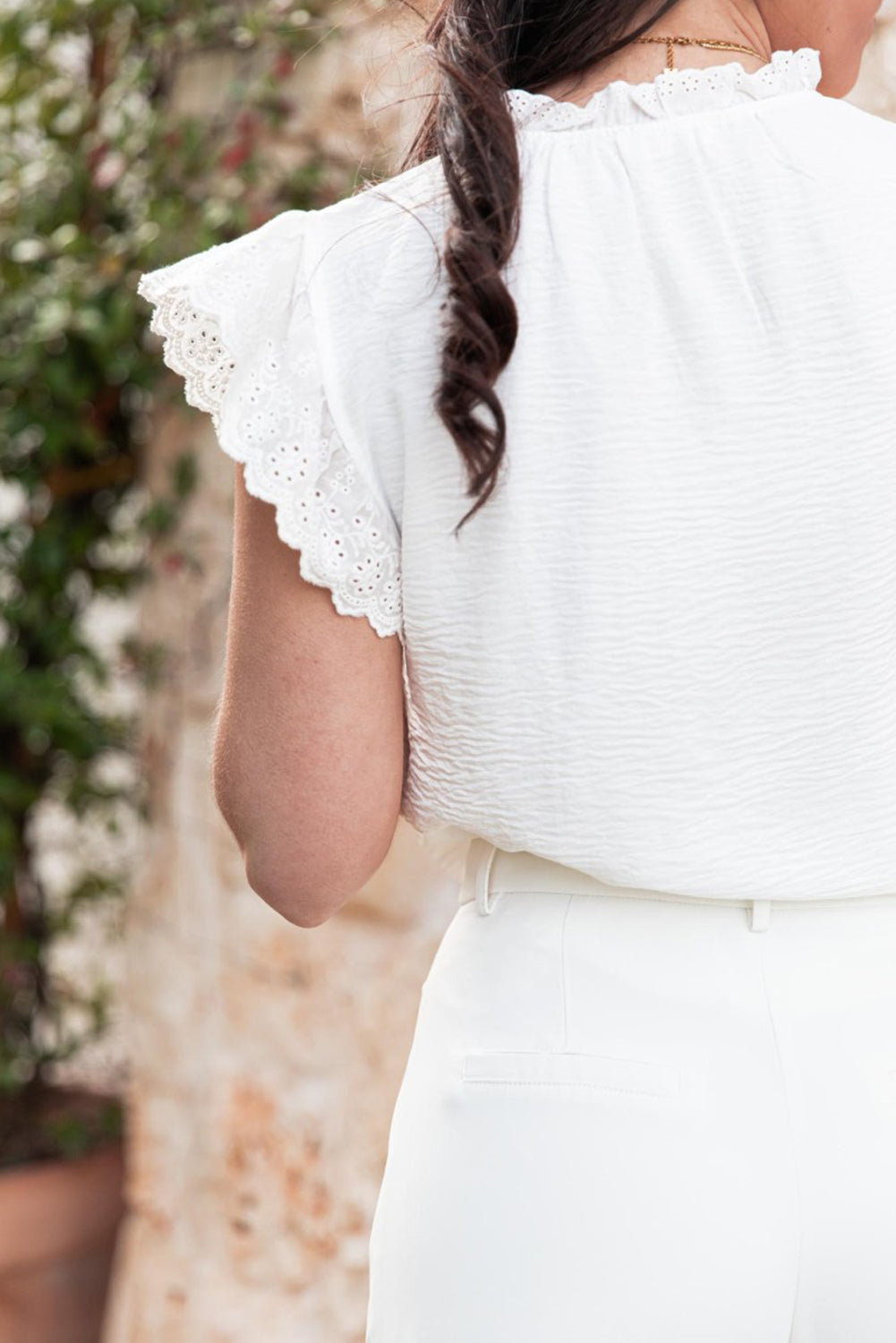 Embroidered Ruffle Trim Textured Blouse | White