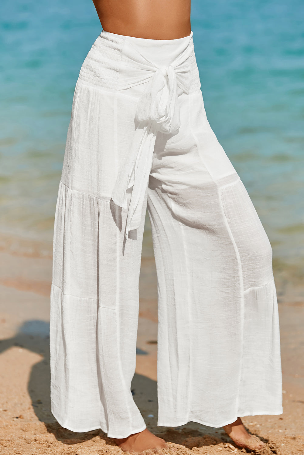 Smocked High Waist Bohemian Wide Leg Pants | White