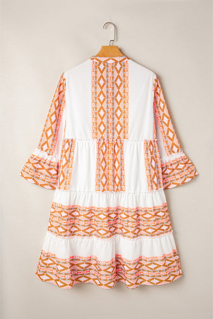 Geometric Print Ruffle Tiered Button V Neck Dress | Orange