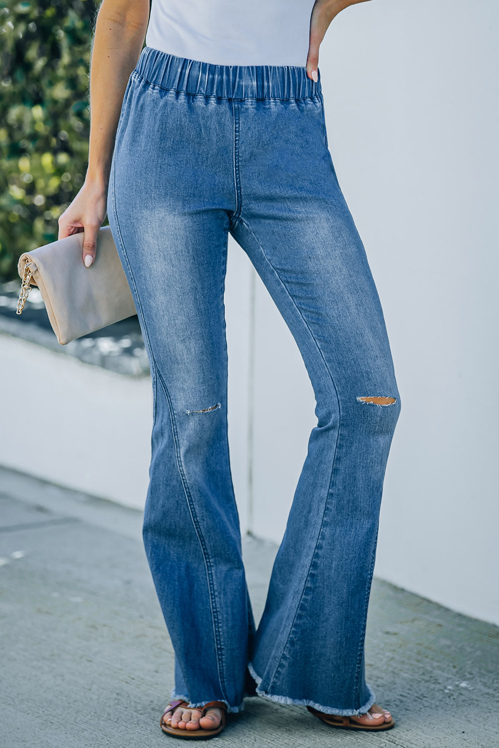 Distressed Bell Bottom Denim Pants | Sky Blue