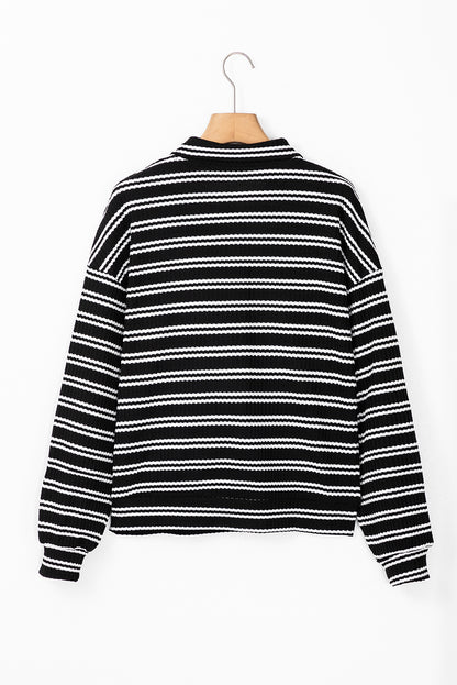 Textured Quarter Zip Collar Long Sleeve Top | Black Stripe