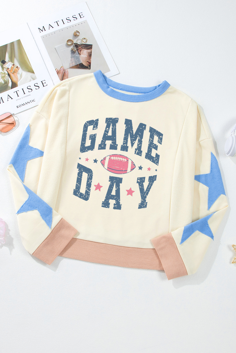 Game Day Rugby Football Graphic Contrast Trim Pullover Sweatshirt | Beige