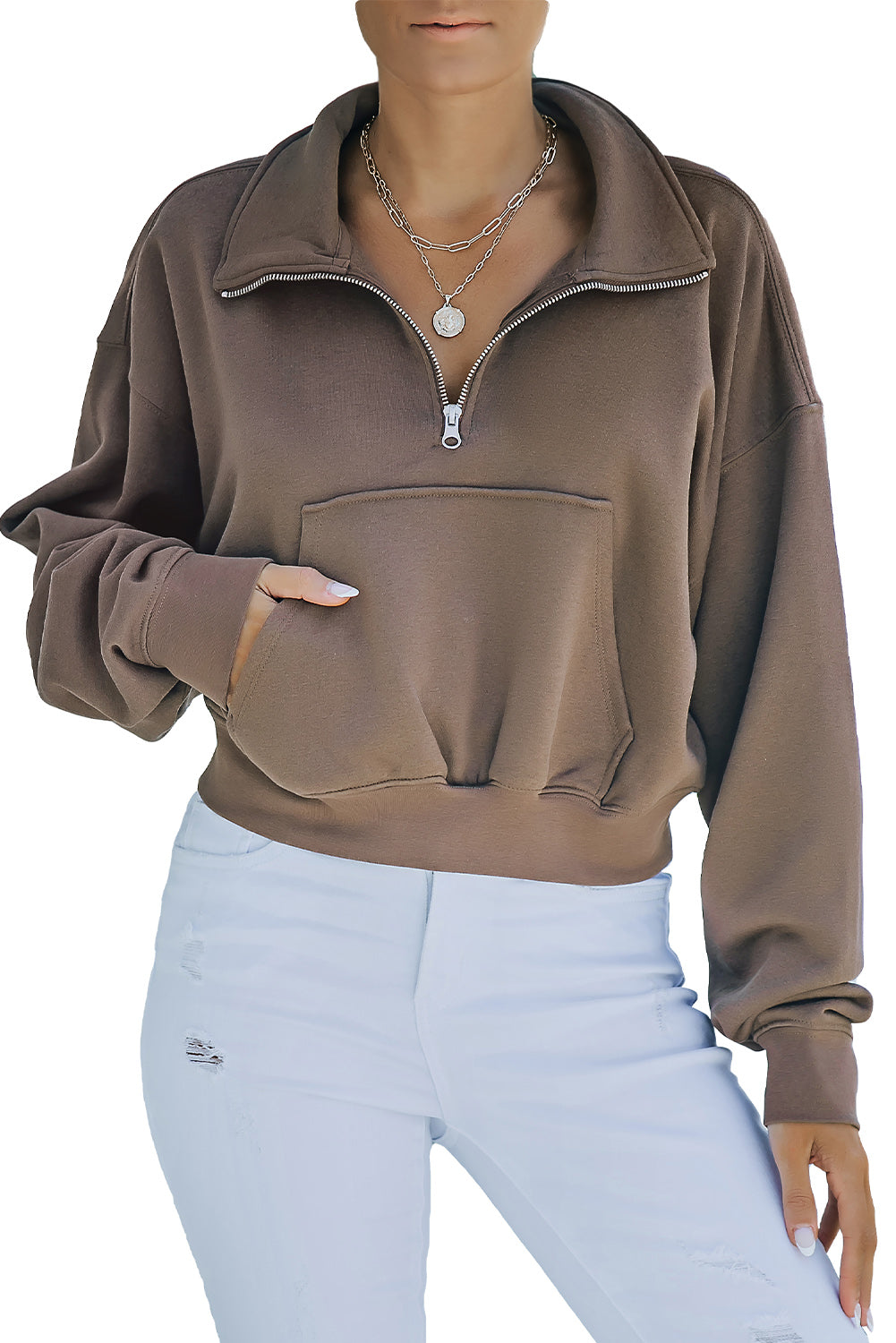 Zipped Turn Down Collar Cropped Sweatshirt With Pocket | Brown