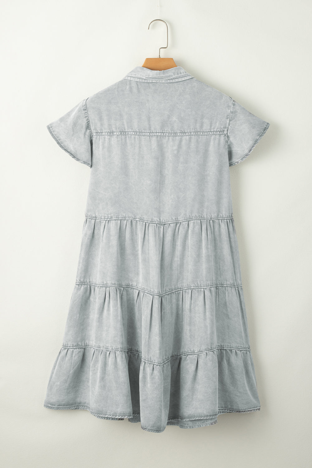 Mineral Washed Ruffle Sleeve Tiered Chambray Dress | Light Grey