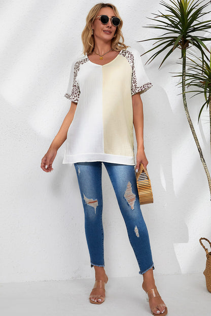 Distressed Colour Patchwork Leopard Trim Blouse | White