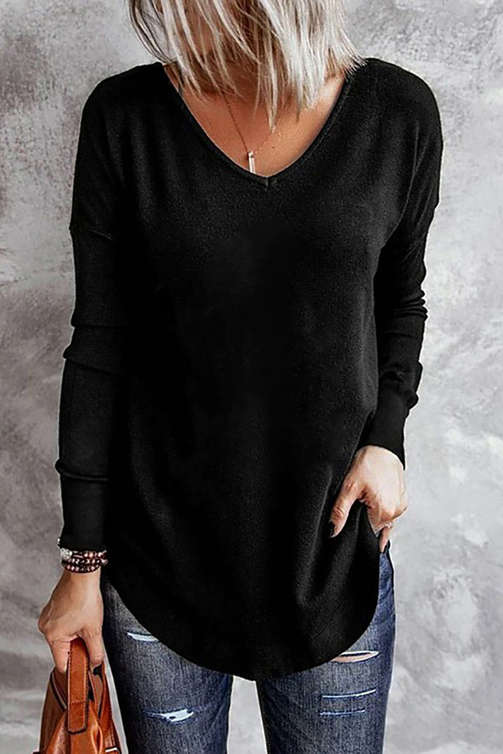 Solid Colour V Neck Long Sleeve Knit Top | Black