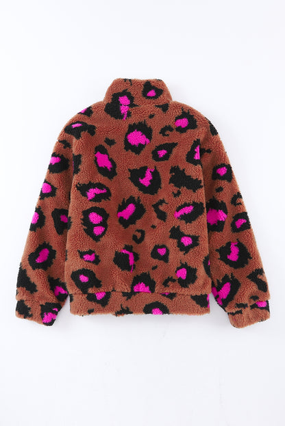 Zip Up Stand Collar Sherpa Teddy Jacket | Leopard