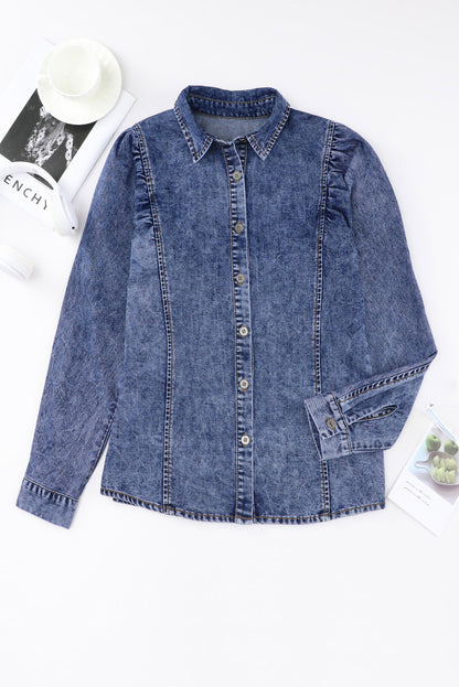 Puff Sleeve Button-Up Denim Jacket | Blue