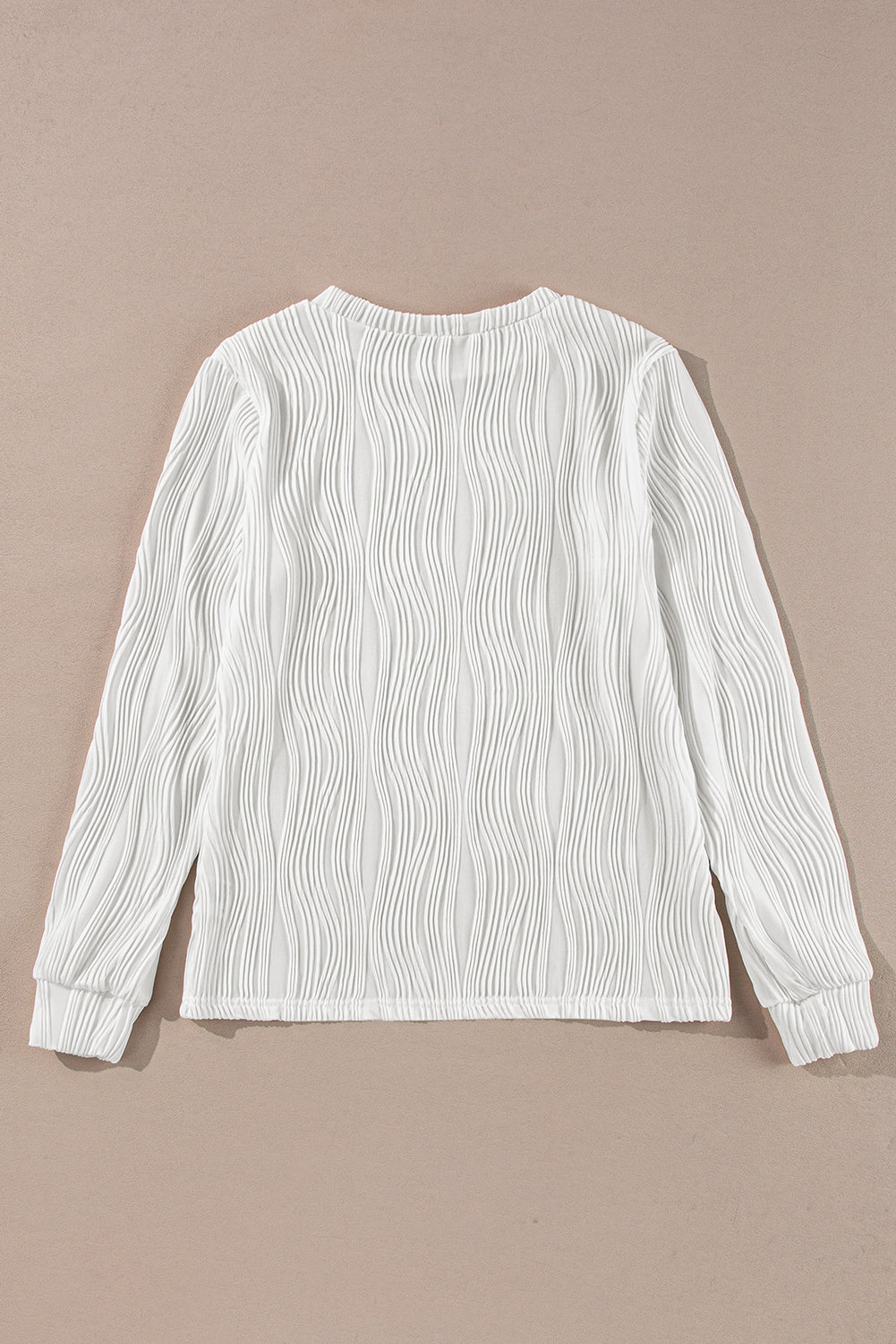 Textured Wavy Round Neck Long Sleeve Top | White