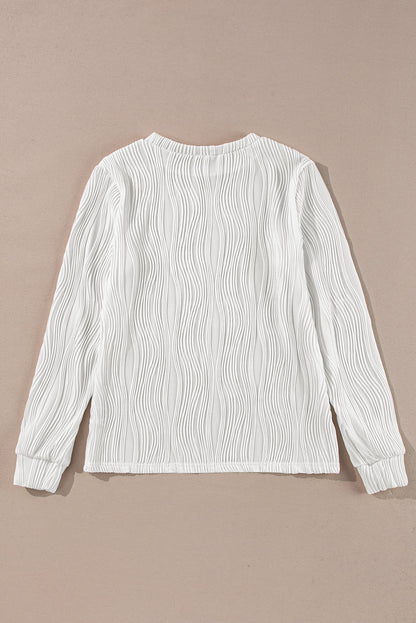 Textured Wavy Round Neck Long Sleeve Top | White