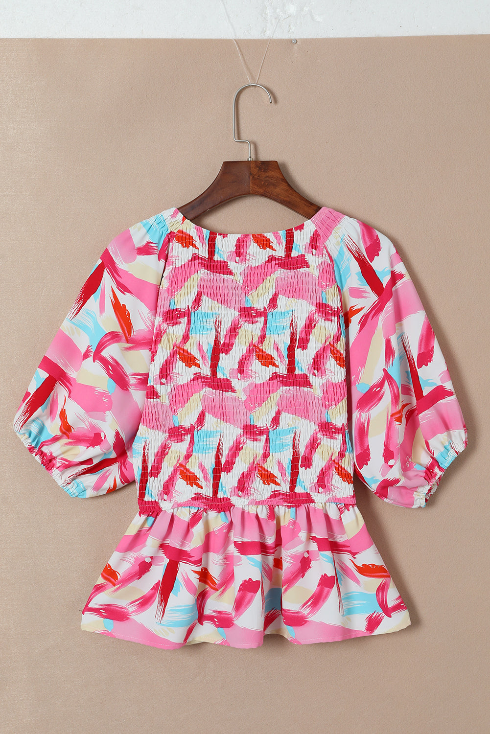 Abstract Print Puff Sleeve Peplum Top | Pink