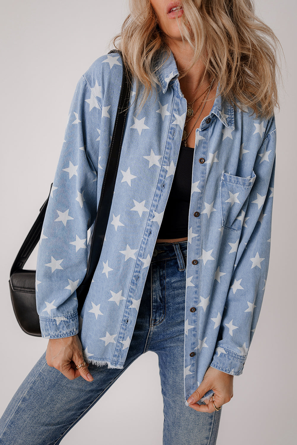 Star Print Light Wash Raw Hem Denim Jacket | Sky Blue