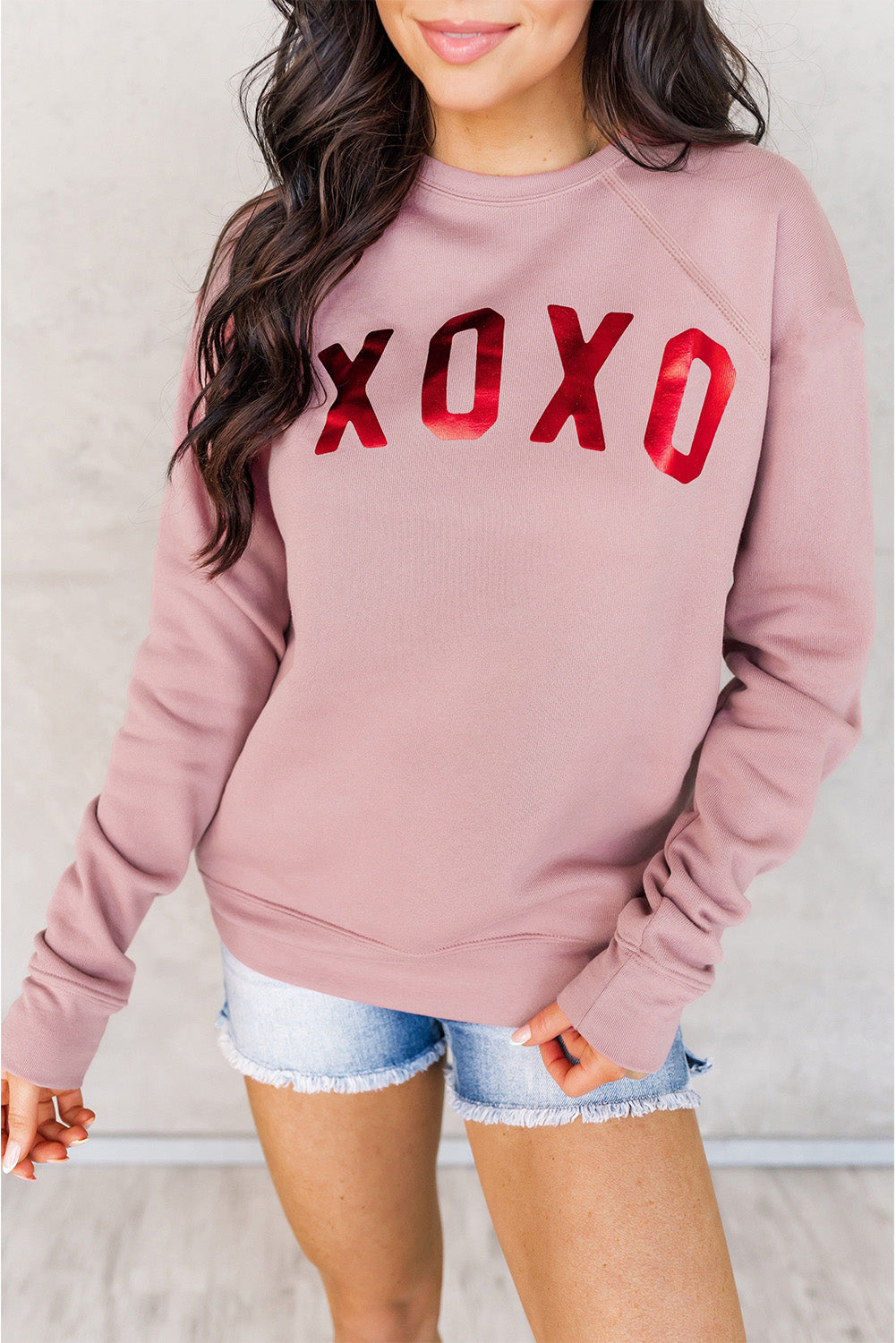 Pink XOXO Glitter Pattern Print Graphic Sweatshirt