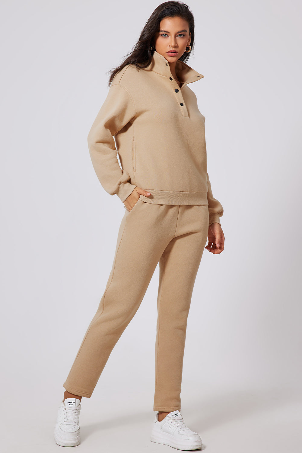 Solid Half Button Sweatshirt And High Waist Sweatpants Set | Parchment