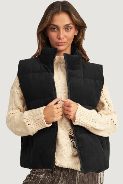 Corduroy Stand Neck Zipped Puffer Vest | Black