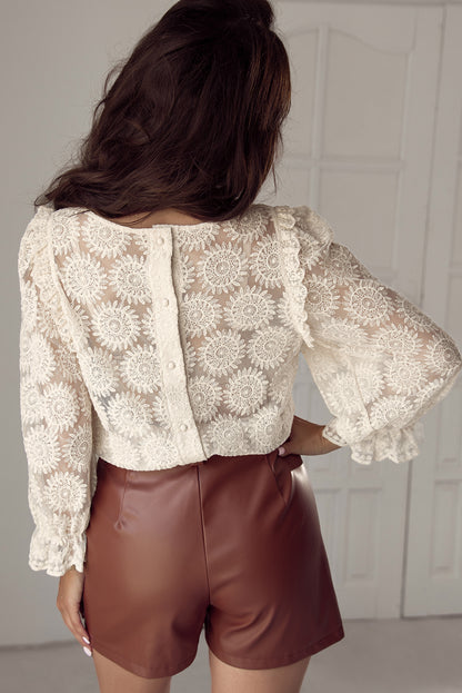 Flower Jacquard Button Back Ruffled 3/4 Sleeve Blouse | Oatmeal