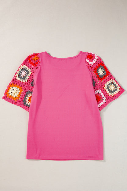 Floral Crochet Short Sleeve Top | Strawberry Pink