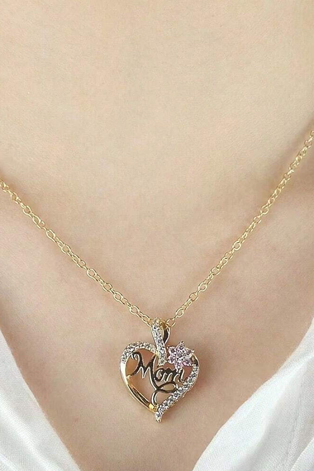 Mom Rhinestone Flower Hollow-Out Heart Necklace | Gold