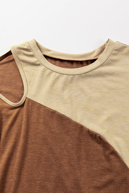 Asymmetric Cut Out Colourblock T Shirt | Brown