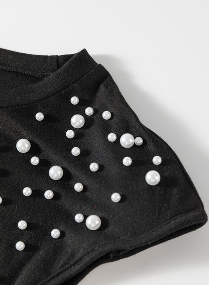 Pearls Beaded Shoulder Pad Crew Neck Tank Top | Black