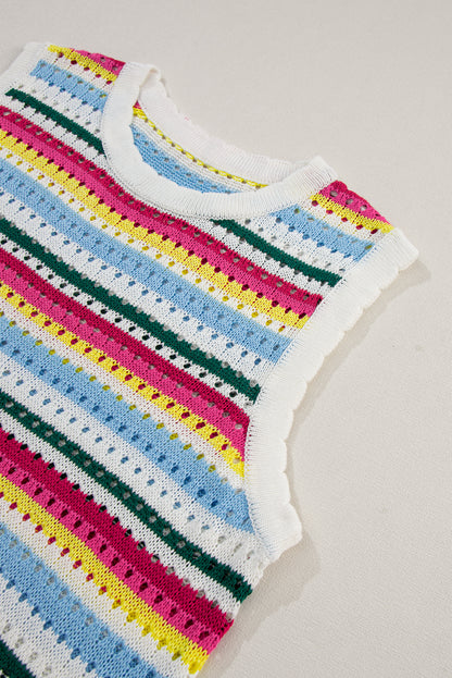 Colourful Stripe Scalloped Trim Sweater Vest | White