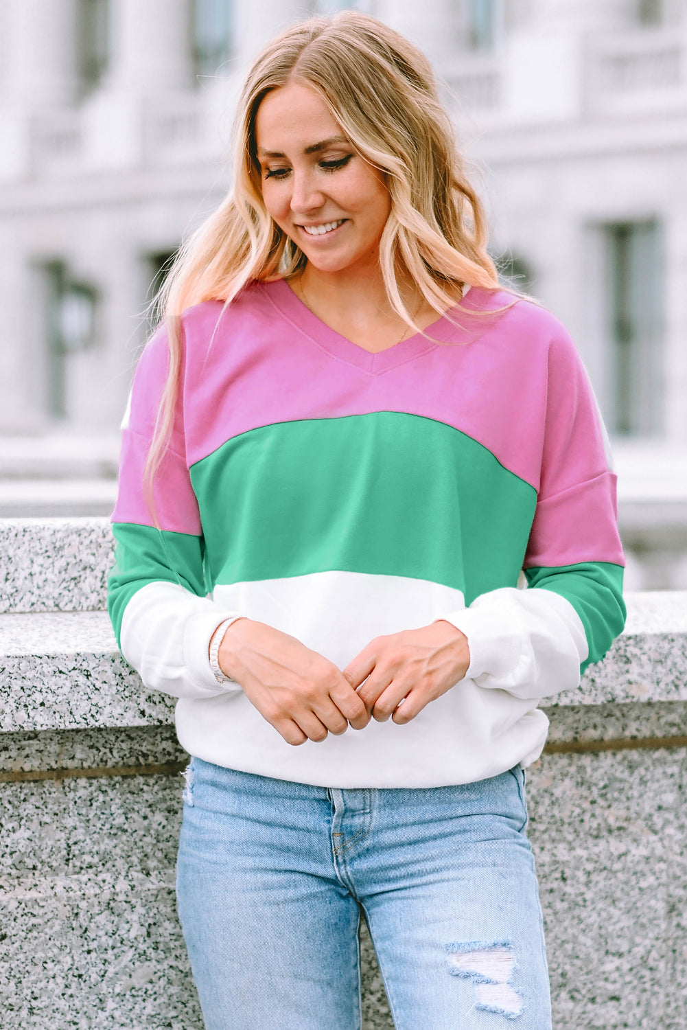 Pink Ribbed V Neck Color Block Patchwork Sweatshirt