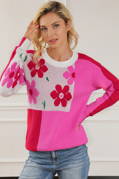 Floral Mixed Colour Block Sweater | Rose Red