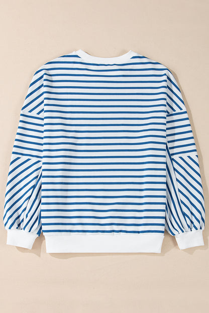 Drop Shoulder Crew Neck Loose Sweatshirt | Blue Stripe