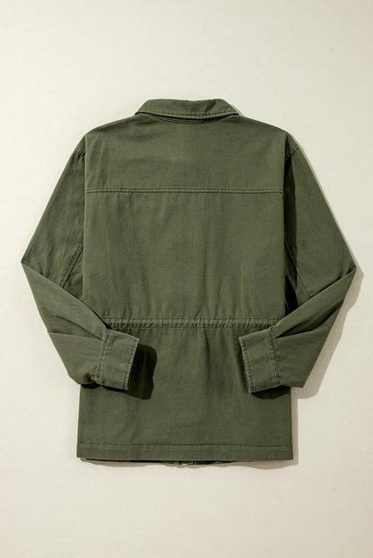 Snap Button Zipper Tight Waist Collared Jacket | Moss Green