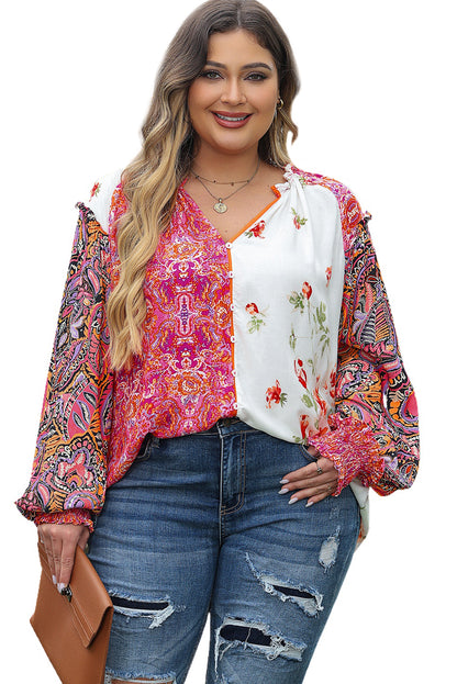 Multicolour Floral Patchwork Shirred Cuffs Buttoned Blouse | Pink