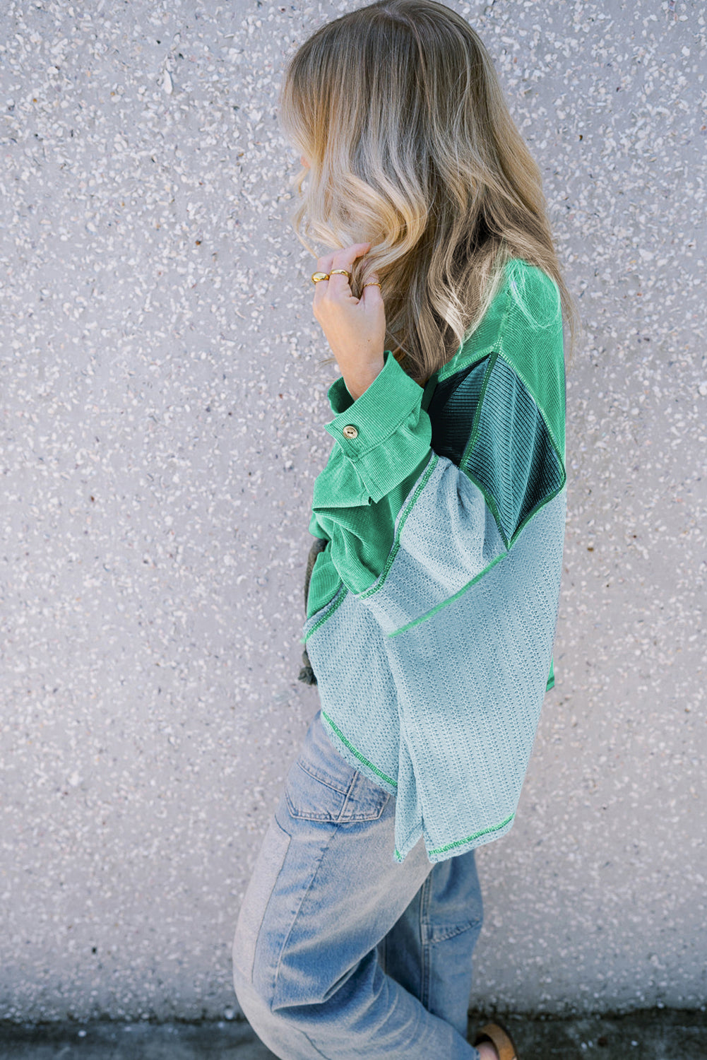 Colourblock Stitching Patchwork Buttoned Long Sleeve Top | Green