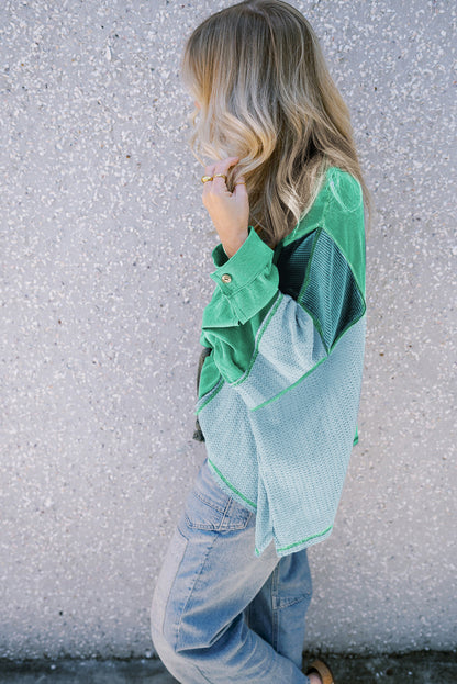 Colourblock Stitching Patchwork Buttoned Long Sleeve Top | Green