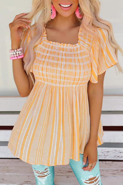 Striped Print Smocked Flowy Blouse | Yellow