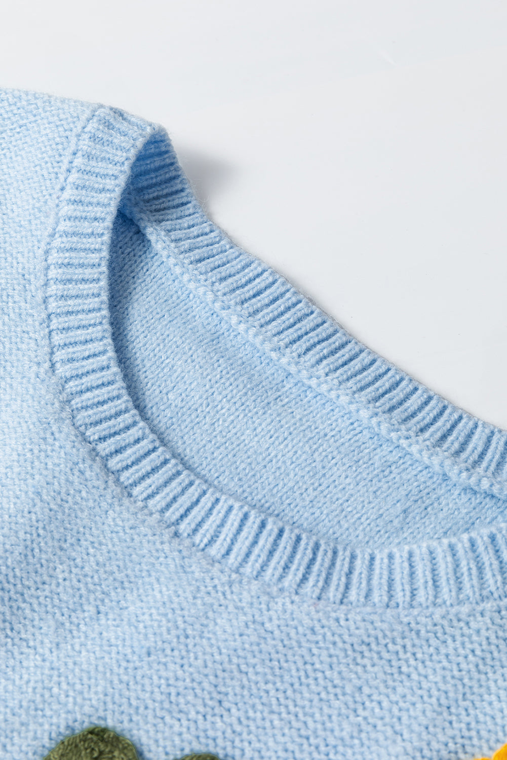 Knitted Flower Pattern Ribbed Edge Sweater | Light Blue