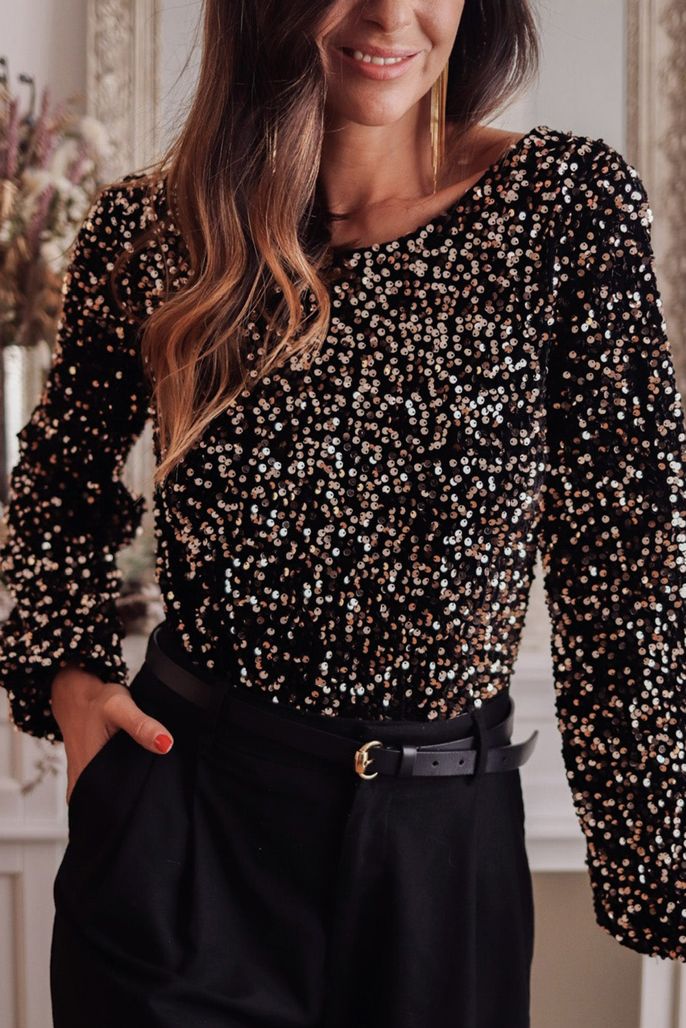 Deep V Back Sequin Puff Sleeve Bodysuit | Black