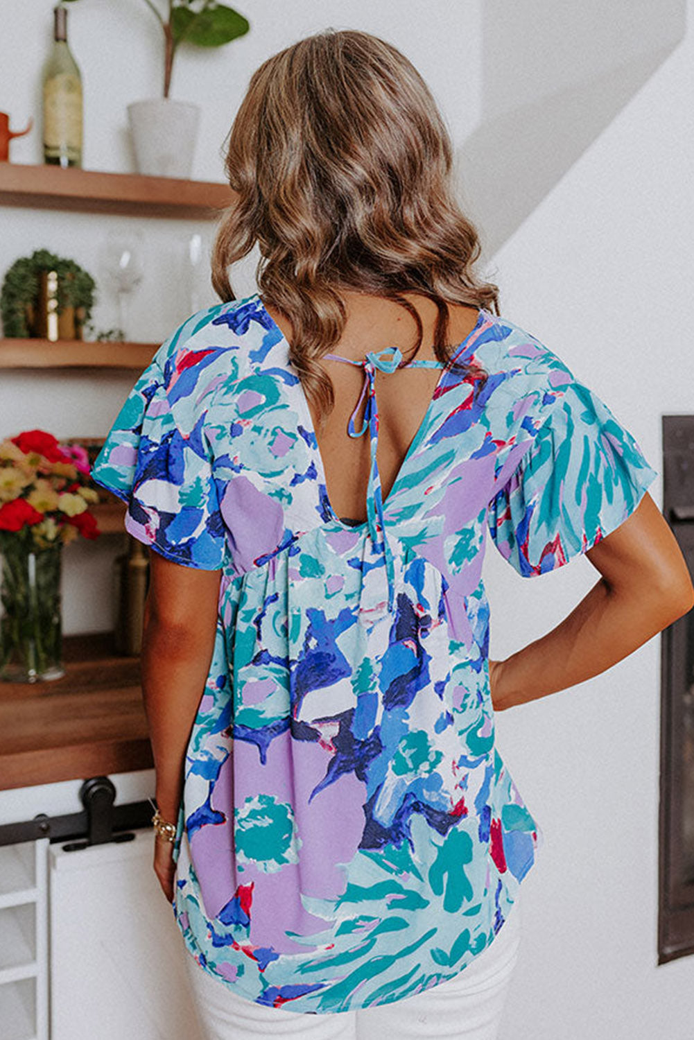 Abstract Print V Neck Flutter Sleeve Blouse | Sky Blue