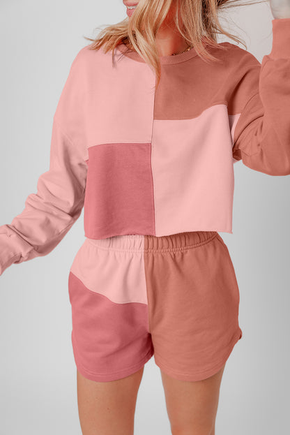 Colourblock Patchwork Long Sleeve Shorts Outfit | Peach Blossom