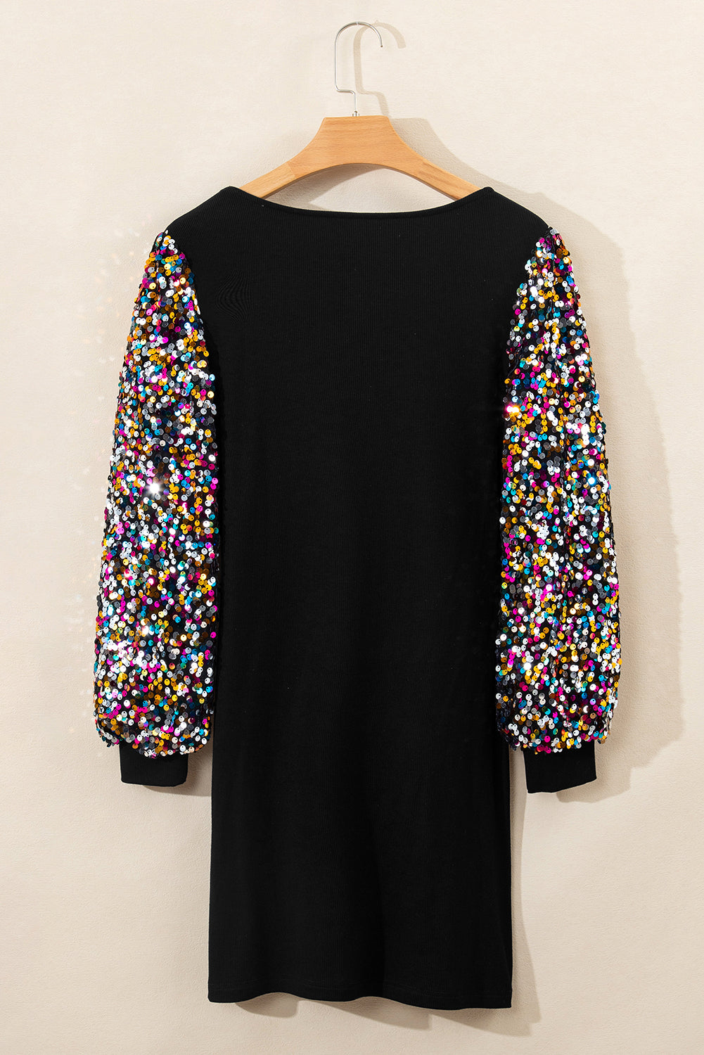 Sequin Bishop Sleeve U Neck Mini Sweater Dress | Black