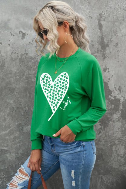 Lucky Clover Heart Graphic Raglan Sleeve Sweatshirt | Green