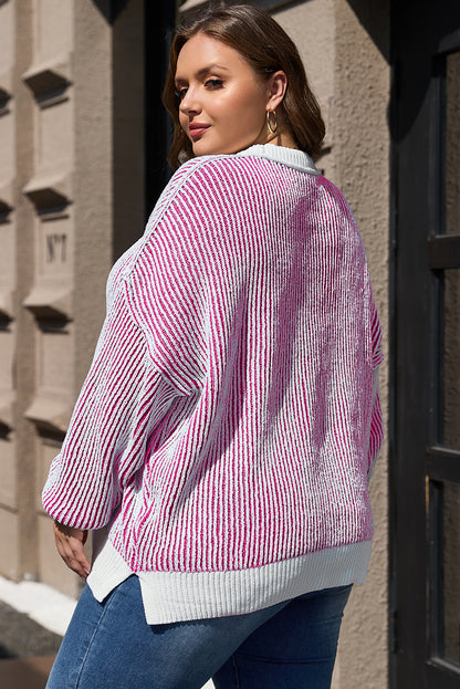 Striped Textured Knit Contrast Edge Loose Sweater | Bright Pink