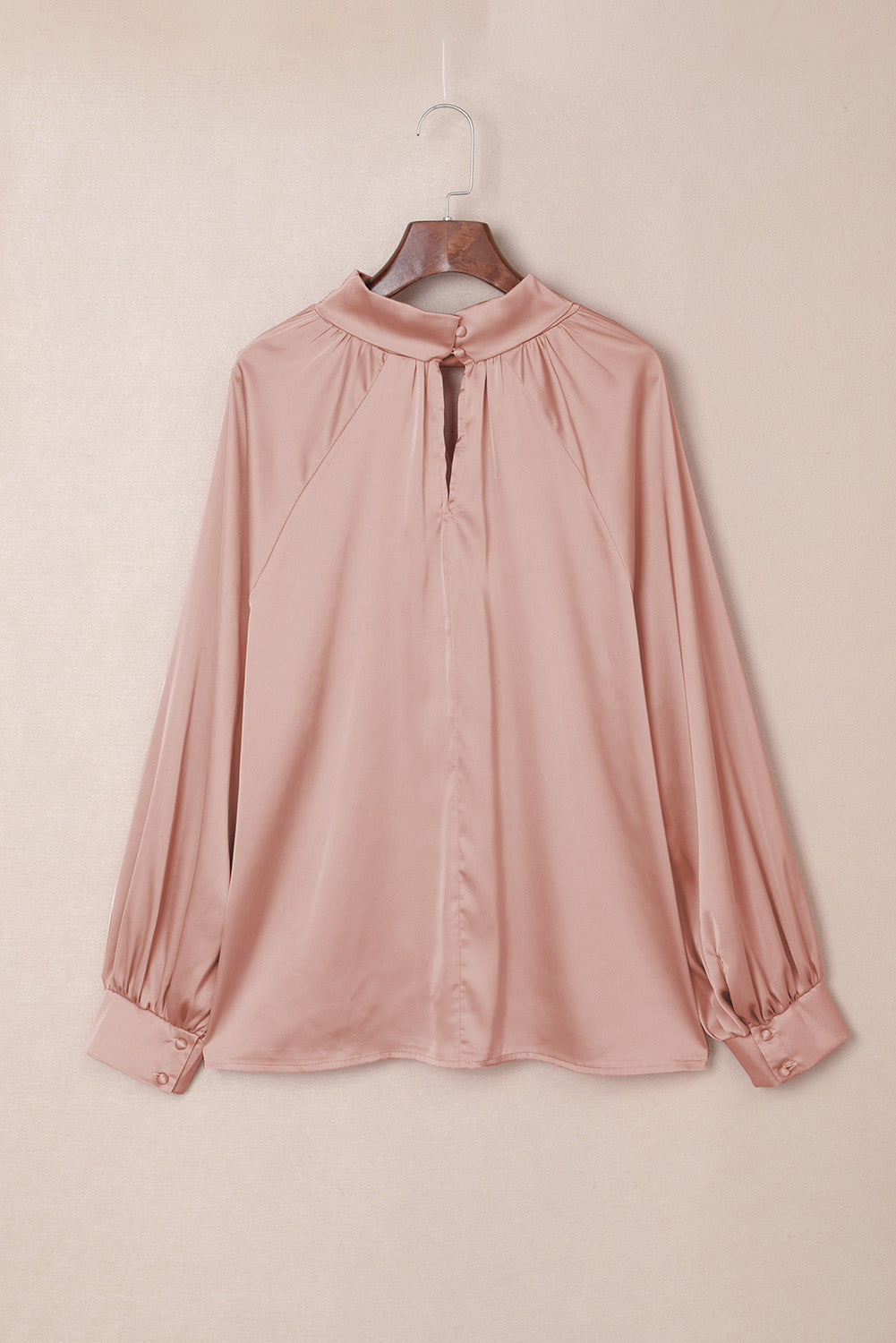 Twist High Neck Puff Sleeve Satin Blouse | Pink