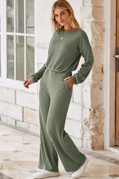 Solid Ribbed Knit Keyhole Back High Waist Jumpsuit | Laurel Green