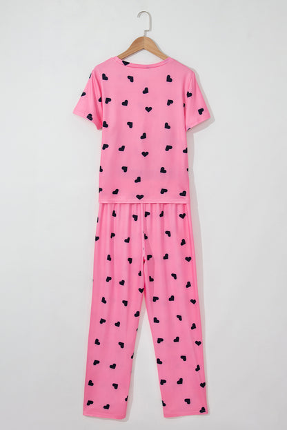 Valentines Heart Print Tee And Pants Lounge Set | Pink